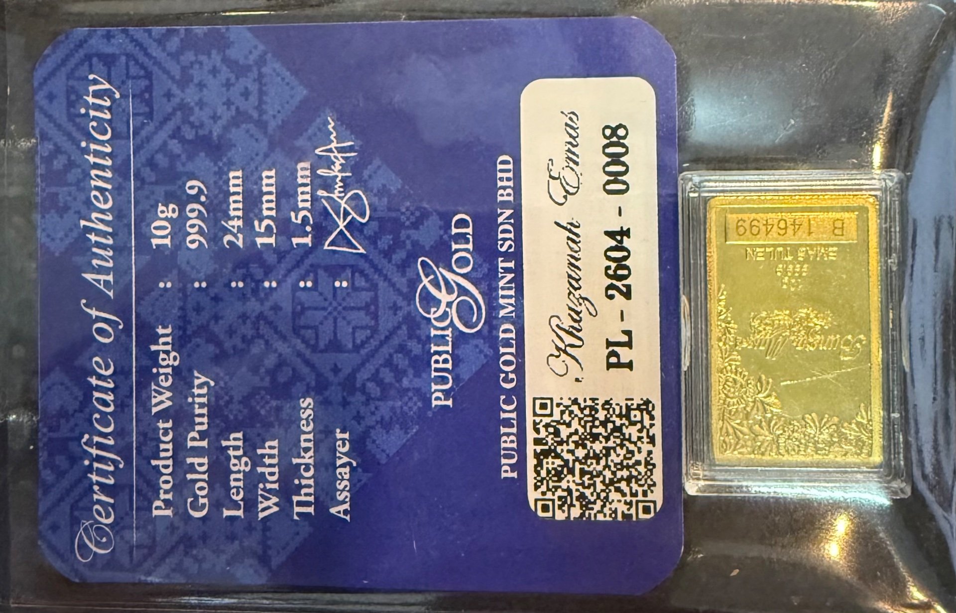 Gold Bar with Certificate (999.9)
