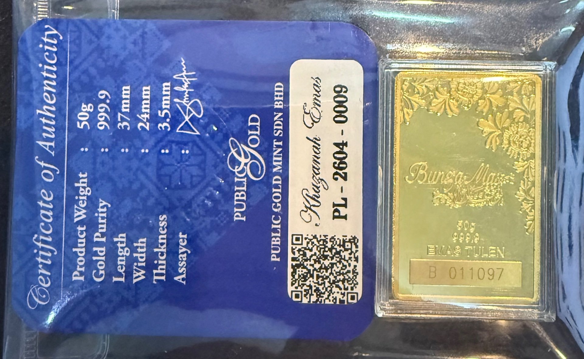 Gold Bar with Certificate (999.9)